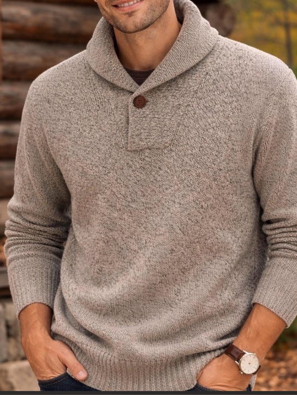 American Eagle Men's Wool Blend Athletic Fit Shawl-Collar Sweater Taupe White M
